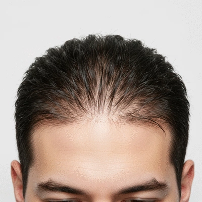 Close-up of a man's scalp showing healthy hair follicles and new growth