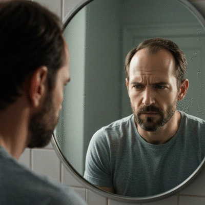 Man examining his hairline in a mirror with a concerned expression, natural lighting, clean image
