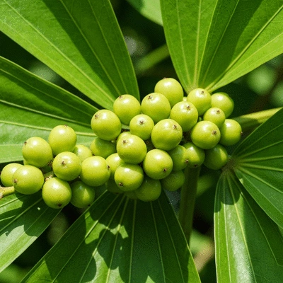Saw palmetto berries on a branch with green leaves