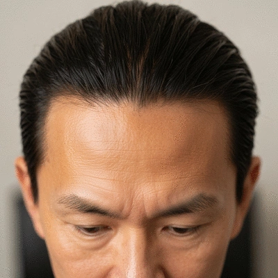 Close-up of a person's scalp receiving a natural hair loss treatment, showing healthy hair follicles
