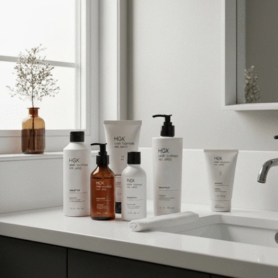 Various hair care products including shampoo, conditioner, and serum neatly arranged on a bathroom counter
