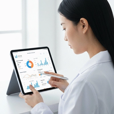 A person looking at a digital dashboard on a tablet showing charts and graphs related to hair growth statistics and treatment efficacy, clean image, no text