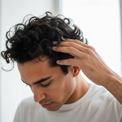 Man applying hair serum to his scalp, focusing on hair care