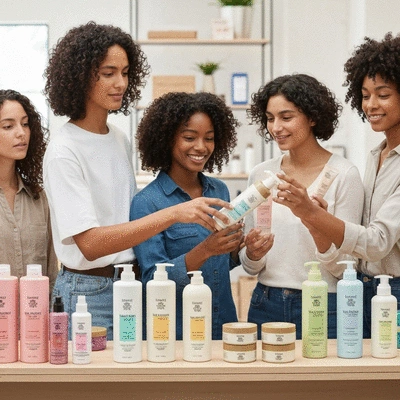A diverse group of people with different hair types and ages looking at hair care products, emphasizing personalization