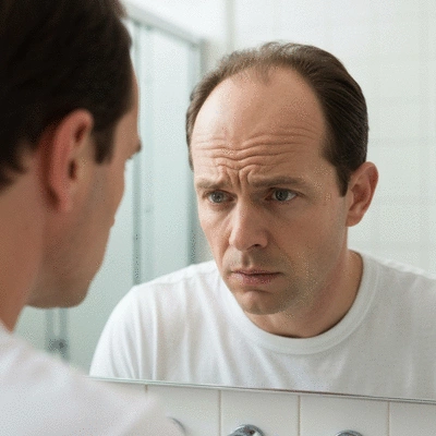 Close-up of a man examining his receding hairline in a mirror, looking concerned, in a well-lit bathroom setting, no text, no words, no typography, no labels, clean image