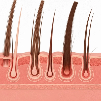 Stylized depiction of hair follicles and strands, illustrating thickness and growth