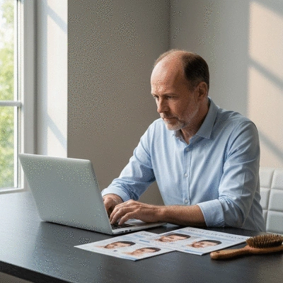 Person researching hair loss treatment options on a laptop