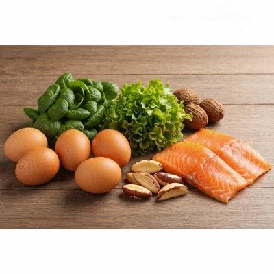 Assortment of fresh foods rich in hair-healthy nutrients like eggs, nuts, leafy greens, and salmon arranged on a wooden table