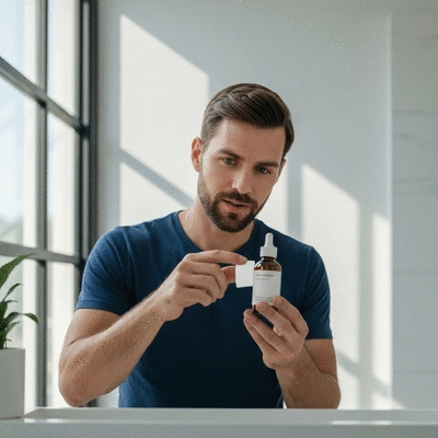 Man examining a bottle of hair growth serum in a minimalist bathroom setting, natural light