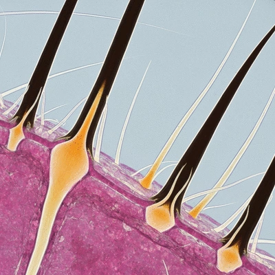 Microscopic view of hair follicles and healthy hair roots