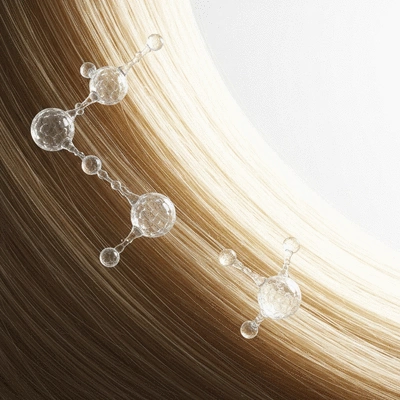 Close-up of healthy, shiny hair strands with a symbolic representation of protein molecules strengthening them. No text, no words, no typography, no labels, clean image.
