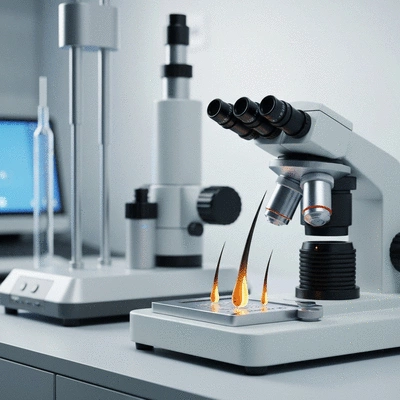 Close-up of scientific instruments and hair follicles, representing hair restoration research