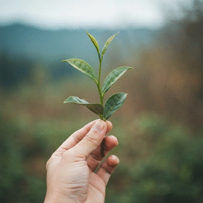 Hand holding a small green tea plant, symbolizing growth and natural remedies for hair health