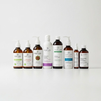 Variety of hair loss treatment bottles on a clean background