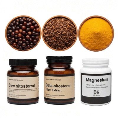 Procerin ingredients like saw palmetto, beta-sitosterol, zinc, B6, magnesium, no text, no words, no typography, clean image