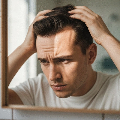 Close-up of a man examining his hair in a mirror, showing concern about thinning hair, well-lit, natural colors