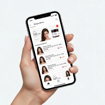 Hand holding a smartphone displaying a shopping app with discount codes for hair loss products, on a clean background, no text, no words, no typography, clean image