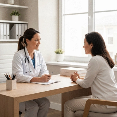 Doctor consulting with a patient about hair loss, professional and empathetic setting, no text, no words, no typography, clean image