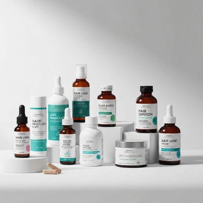 Different hair loss treatment products on a clean surface