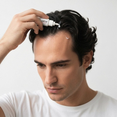 Topical Rogaine solution being applied to a man's scalp