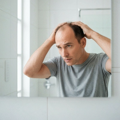 Man looking at his hair in the mirror, concerned about thinning, in a clean bathroom setting