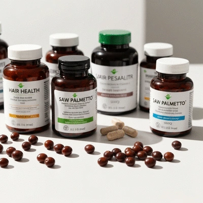 Close-up of various supplement bottles and natural ingredients like saw palmetto berries on a clean white surface, symbolizing trusted products
