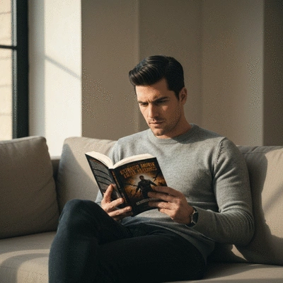 Man reading a book about hair health, surrounded by natural light