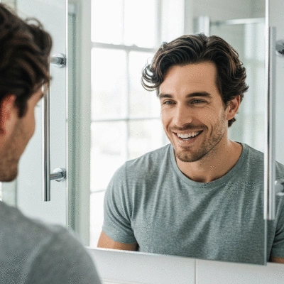 Man looking at hair growth results in a mirror, happy expression