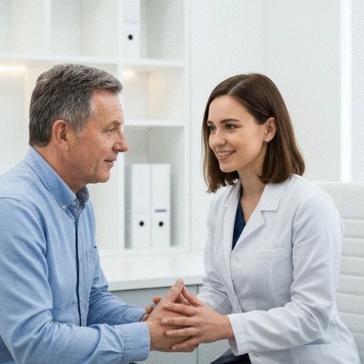 Doctor and patient discussing medication and side effects in a clean, modern clinic, no text