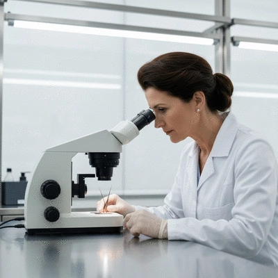 Scientist examining hair follicles under a microscope in a clean lab setting