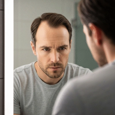 Man looking at his reflection with concern about hair loss