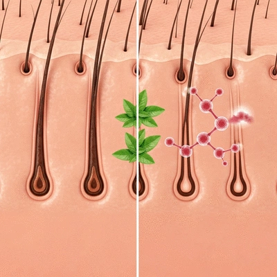 Microscopic view of healthy hair follicles transforming into miniaturized follicles due to DHT, with natural blockers represented by green leaves.