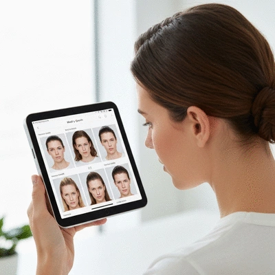 Person reviewing monthly hair growth photos on a digital device, showing progress over time, no text, no words, no typography, clean image