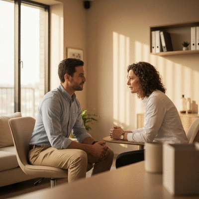 Man consulting with a trichologist in a modern office, clean image