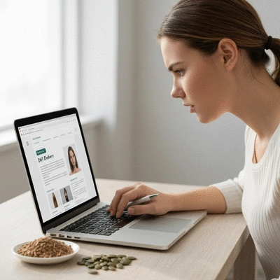 Person researching DHT blockers on a laptop, with natural ingredients like saw palmetto and pumpkin seeds on a table