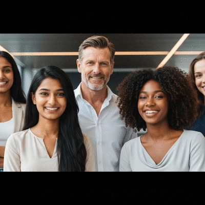 A diverse group of people smiling confidently, some with visible signs of healthy hair, in a bright, modern setting. No text, no words, no typography, no labels, clean image.