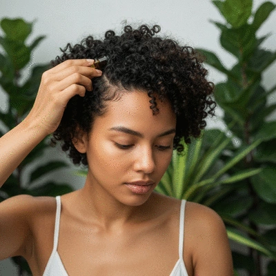 Person applying natural hair oil to scalp with lush green plants in background