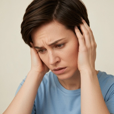 Person experiencing mild headache, holding their head with a concerned expression