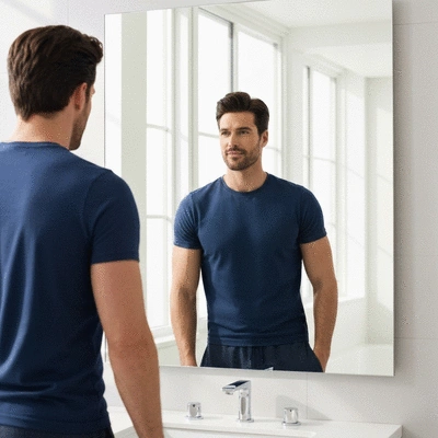 Man looking confidently at his reflection in a mirror, showing improved hair density