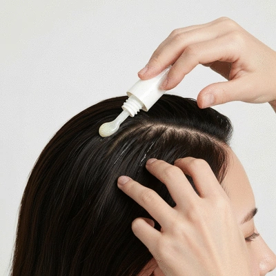 Person applying hair thickening serum to their scalp, showing a close-up of the application