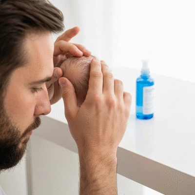 Someone applying a topical hair loss treatment to their scalp