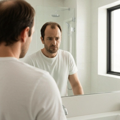 Man examining his hairline in a mirror with concern