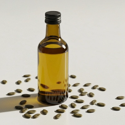 Close-up of a pumpkin seed oil bottle with pumpkin seeds scattered around on a clean, light background
