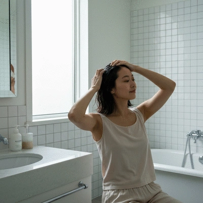 Person applying hair treatment to their hair in a clean bathroom setting