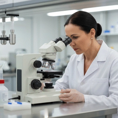 Scientist in a lab researching hair follicle growth under a microscope, professional setting