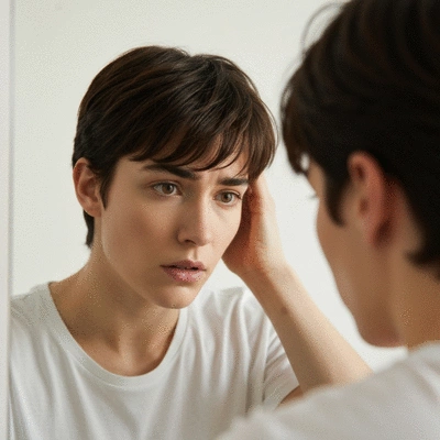 Young person examining their hair in a mirror with concern