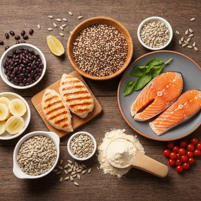 A diverse selection of protein-rich foods and protein supplements arranged aesthetically on a rustic wooden table. No text, no words, no typography, no labels, clean image.