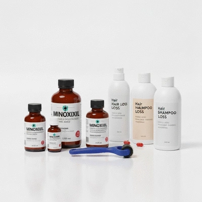 Variety of hair loss treatment products and tools on a clean background