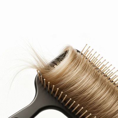 Hair strands caught in a hairbrush, clean background, no text, no words, no typography