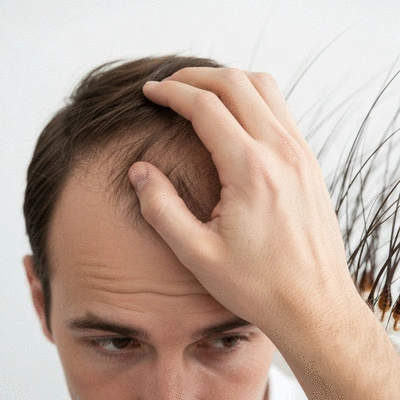 Close-up of a man's hand gently touching his thinning hair, suggesting concern about hair loss, with a soft-focus background of hair follicles, no text, no words, no typography, clean image